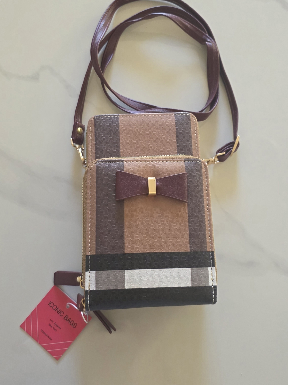 Women's Brown Striped Crossbody Wallet with Bow